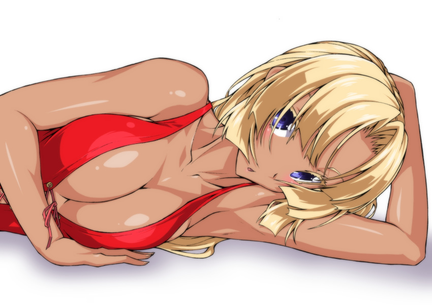 :o angela_carat arm_behind_head arm_support blonde_hair blue_eyes breasts cleavage colored_eyelashes commentary_request cross-laced_clothes dark-skinned_female dark_skin dress eyelashes female highres large_breasts long_hair looking_at_viewer lying no_bra on_side open_mouth ozaneko red_dress shadow simple_background sleeveless sleeveless_dress solo upper_body white_background yu-gi-oh! yu-gi-oh!_tag_force