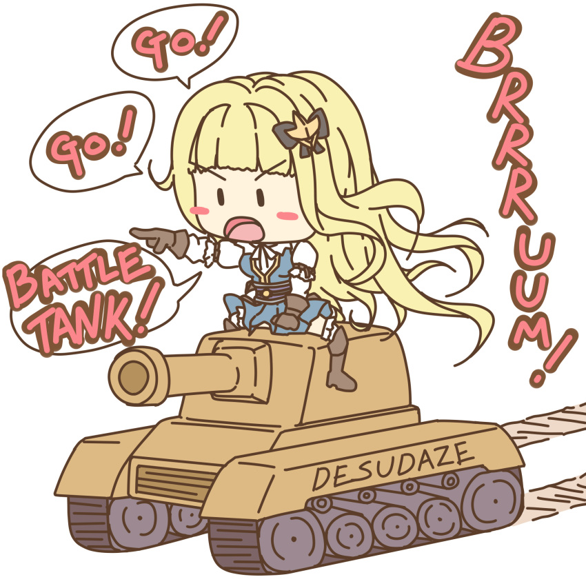 arm_ribbon bad_id bad_pixiv_id black_ribbon blonde_hair blue_dress blunt_bangs boots char_(sennen_sensou_aigis) chibi commentary_request dress english_text female frills furrowed_brow gloves hair_ornament hair_ribbon highres kagamimochi_(kagamochi) long_hair military military_vehicle motor_vehicle open_mouth pleated_skirt pointing puffy_sleeves ribbon sennen_sensou_aigis simple_background skirt solo speech_bubble straddling tank tank_turret tongue tread_marks white_background white_legwear