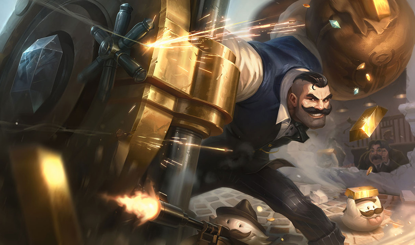 2boys :o black_hair black_headwear black_necktie black_pants blue_vest braum_(league_of_legends) coin collared_shirt crime_city_braum door dress_shirt facial_hair feet_out_of_frame gem glasses gold_bar gold_coin grin holding holding_sack holding_weapon league_of_legends male_focus moustache multiple_boys necktie official_alternate_costume official_art pants poro_(league_of_legends) sack shield shirt short_hair smile solo_focus striped_clothes striped_pants teeth vest weapon white_shirt