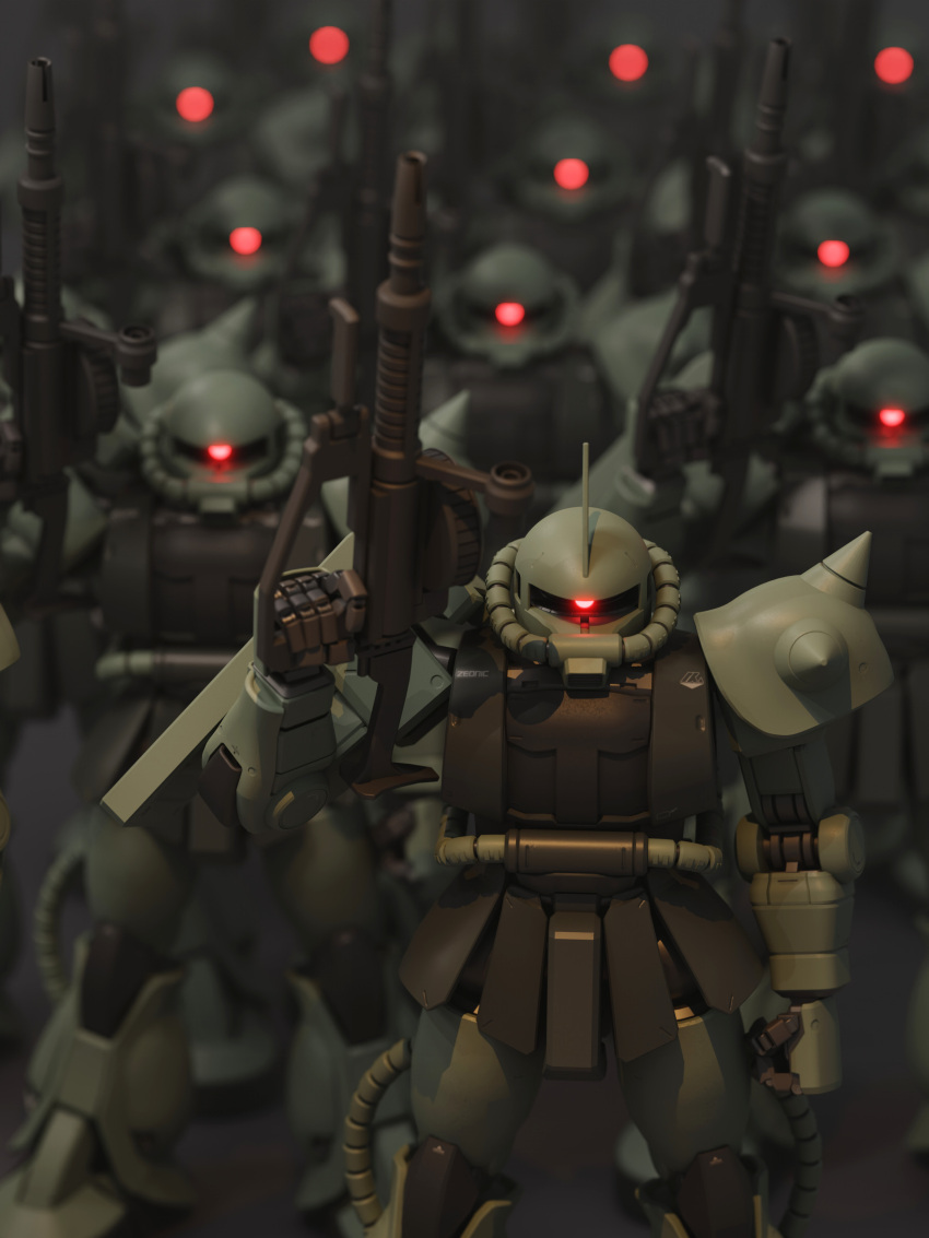 3d absurdres army blender_(medium) blurry blurry_background cable cyclops english_commentary glowing glowing_eye gun gundam gunpla highres hose machine_gun machinery mecha mjeff mobile_suit mobile_suit_gundam model_kit one-eyed photorealistic radio_antenna realistic red_eyes robot shield spikes tube weapon zaku zaku_ii zeon