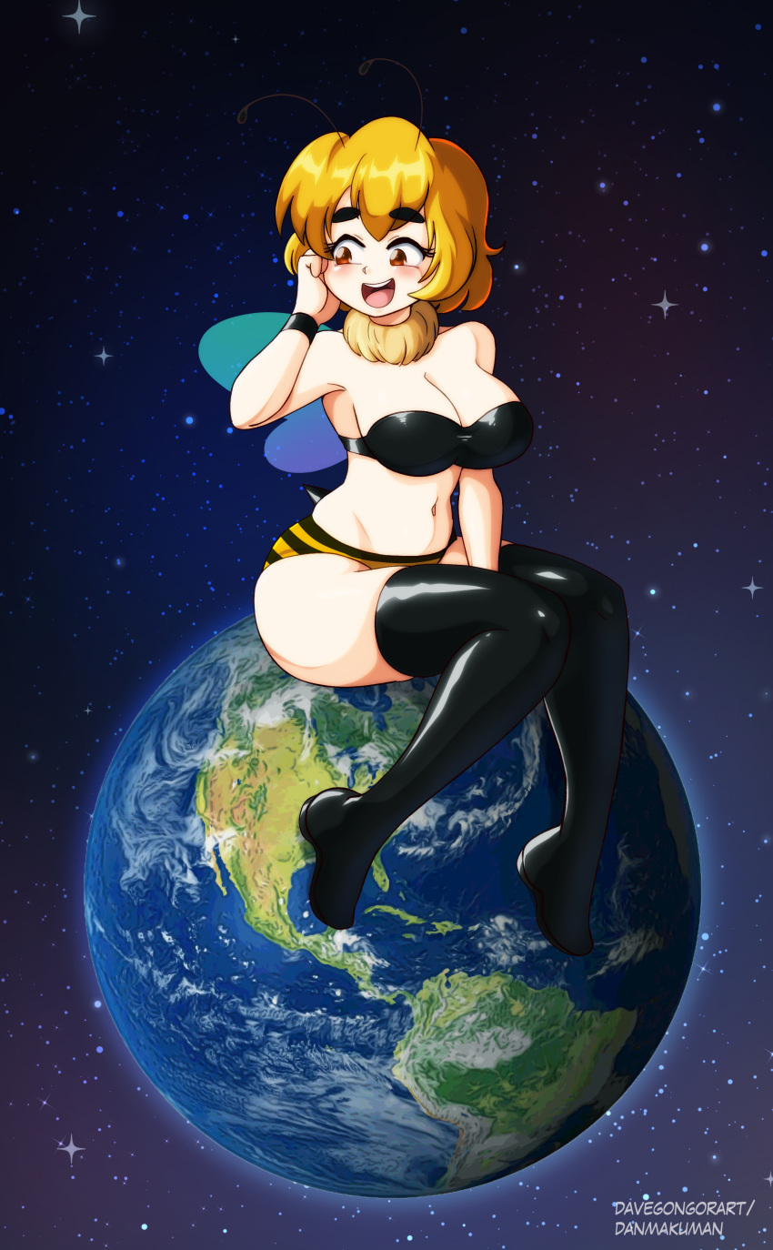 absurdres antennae arthropod_girl bee_girl black_thighhighs blonde_hair blush breasts cleavage collaboration dakunart danmakuman earth_(planet) female giant giantess highres large_breasts mely_(danmakuman) monster_girl open_mouth original panties planet smile solo space striped_clothes striped_panties thick_eyebrows thighhighs underwear wings