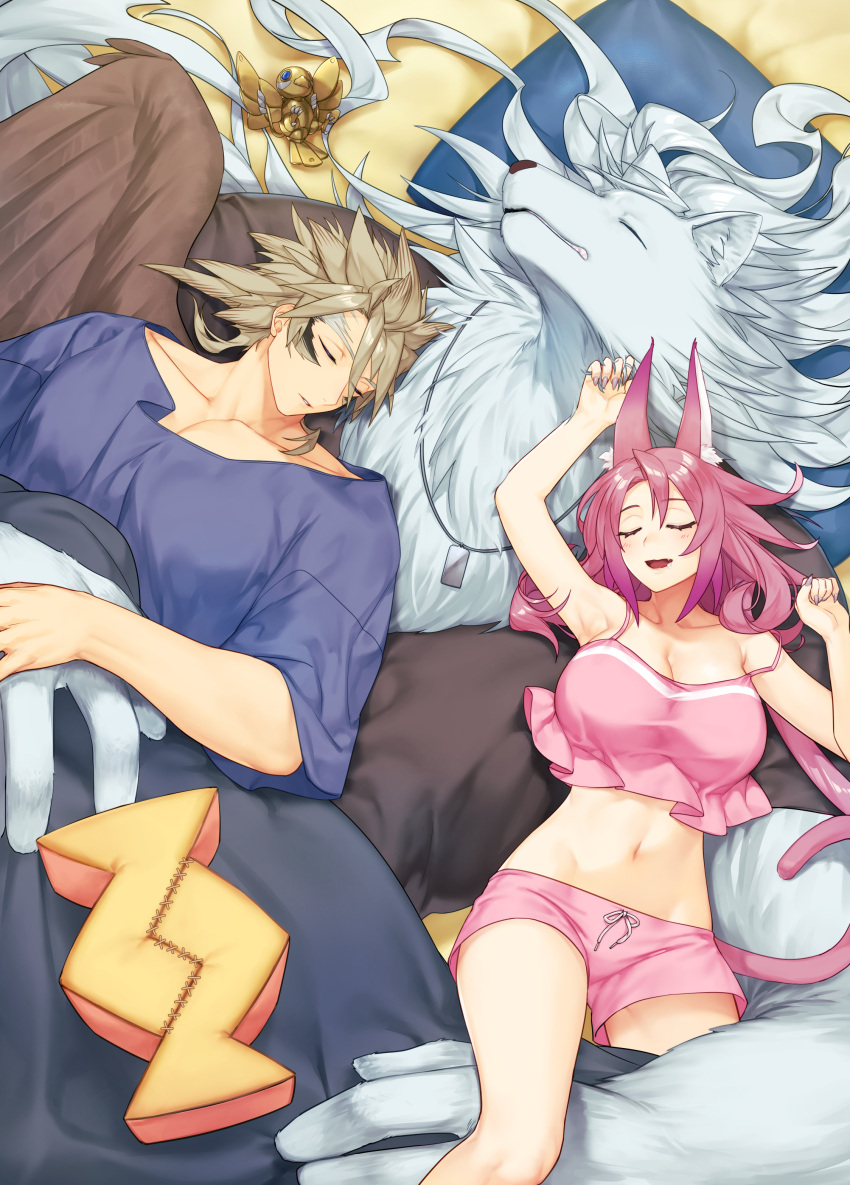 2boys absurdres alternate_costume animal_ears bird breasts commentary_request crop_top dog_tags duel_monster female fingernails furry furry_male grey_hair hand_on_another's_hand highres large_breasts light_brown_hair long_fingernails long_hair lying lying_on_person midriff multiple_boys navel non-humanoid_robot oerba_yun_fang on_back pillow pink_hair pink_shorts pink_tail robot robot_animal saliva shared_blanket shorts sleeping tail tri-brigade_ferrijit_the_barren_blossom tri-brigade_mercourier tri-brigade_rugal_the_silver_sheller tri-brigade_shuraig_the_ominous_omen vulture_(washizu0808) wings yu-gi-oh!