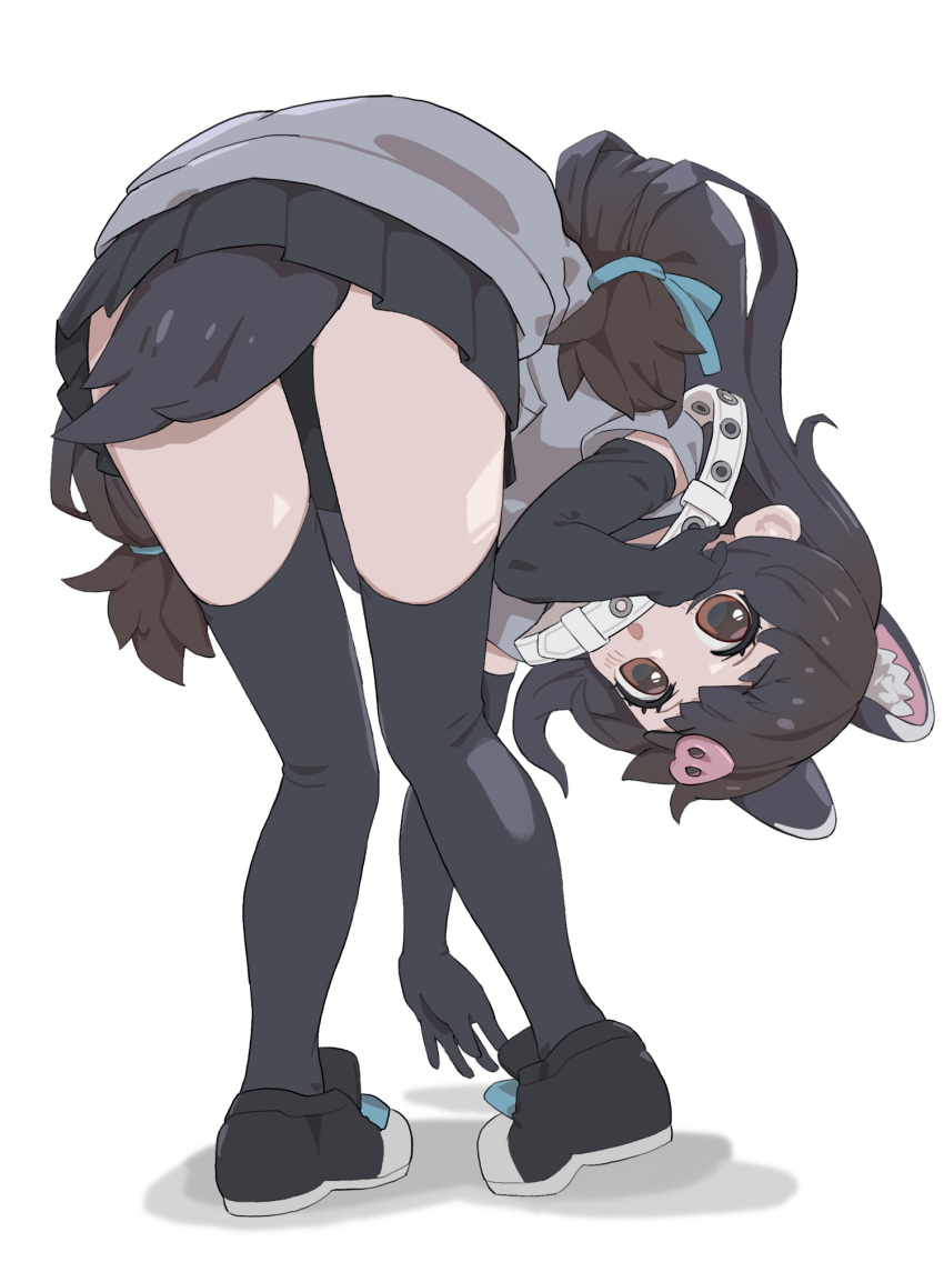 animal_ears bent_over black_footwear black_gloves black_hair black_skirt black_thighhighs blush brown_eyes brown_hair collar collared_peccary_(kemono_friends) elbow_gloves extra_ears female from_behind gloves grey_shirt highres kemono_friends kunikuni_(kunihiro2005) long_hair looking_at_viewer looking_back multicolored_hair pleated_skirt shirt shoes short_sleeves skirt sneakers solo t-shirt tail thighhighs two-tone_footwear white_collar white_footwear zettai_ryouiki