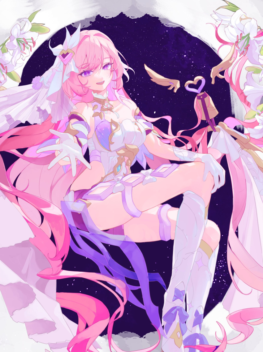 :d boots breasts commentary_request elysia_(herrscher_of_human:_ego)_(honkai_impact) elysia_(honkai_impact) female flower gloves hair_between_eyes hand_on_own_knee highres honkai_(series) honkai_impact_3rd knee_boots leotard long_hair looking_at_viewer medium_breasts pink_hair purple_eyes purple_shorts roena short_shorts shorts smile solo very_long_hair white_flower white_footwear white_gloves white_leotard