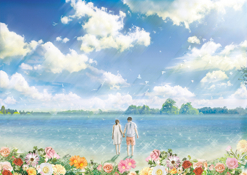 1boy bird black_hair blue_sky brown_hair cloud cloudy_sky commentary_request day dress female flower flying forest geshi landscape long_hair mountain nature original outdoors pants plant ponytail scenery shirt sky sunlight tree white_dress