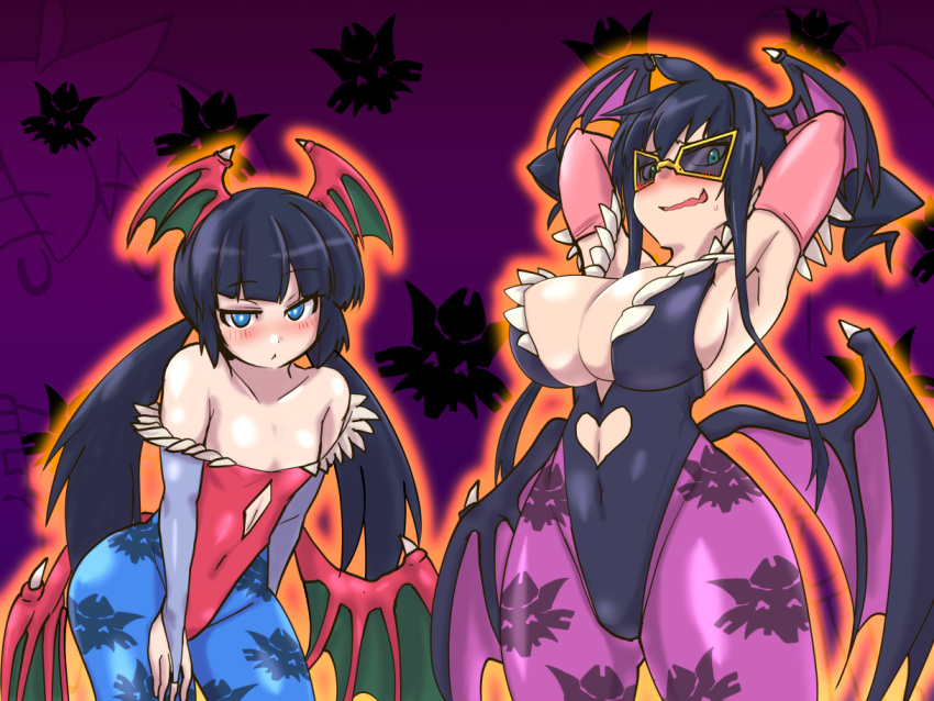 2girls :< ahoge akeikou animal_print aqua_eyes armpits arms_behind_head bare_shoulders bat_print bat_wings black_hair blue_eyes blunt_bangs blush breasts bridal_gauntlets bright_pupils cleavage clothing_cutout collarbone commentary_request cosplay covered_navel cowboy_shot curvy cutout_above_navel diamond_cutout feather_trim flat_chest furrowed_brow gradient_background green_wings grey_sleeves hand_on_own_thigh head_wings heart_cutout highleg highleg_leotard kureson_(medarot) large_breasts leaning_forward leotard lilith_aensland lilith_aensland_(cosplay) long_hair looking_at_viewer low_twintails low_wings medarot medarot_8 morrigan_aensland morrigan_aensland_(cosplay) multiple_girls oerba_yun_fang off-shoulder_leotard off_shoulder open_mouth orange_outline pantyhose pashira_(medarot) pink_sleeves print_pantyhose purple_background purple_wings rectangular_eyewear red_leotard salt_(medarot) sideboob sidelocks skin_fang standing sunglasses sweatdrop thick_thighs thighs twintails vampire_(game) very_long_hair wavy_hair white_pupils wide_hips wings yellow-framed_eyewear