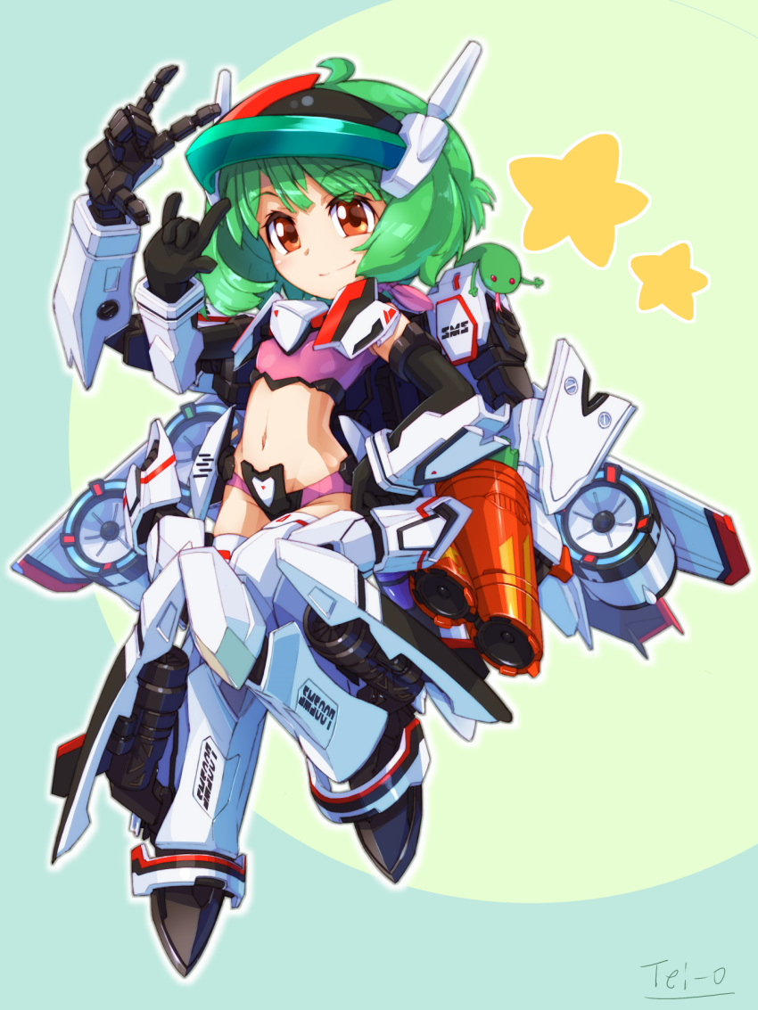 \m/ ai-kun bikini boots chibi cosplay female full_body green_hair highres macross macross_frontier mecha_musume midriff ranka_lee red_eyes seikan_hikou short_hair smile solo star_(symbol) swimsuit tei-o thigh_boots thighhighs variable_fighter_girls vf-25 vf-25_(cosplay)