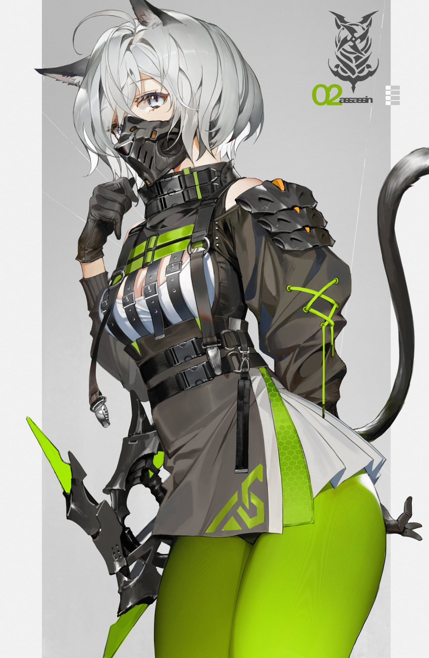 absurdres ahoge animal_ear_fluff animal_ears armor black_gloves black_jacket black_skirt breasts cat_ears cat_tail cleavage cleavage_cutout clothing_cutout commentary cowboy_shot english_text female gloves green_pantyhose grey_background grey_eyes grey_hair hair_between_eyes high-waist_skirt highres holding holding_weapon jacket looking_at_viewer mask medium_breasts miniskirt moire mouth_mask open_clothes open_jacket original pantyhose pleated_skirt shirt short_hair shoulder_armor shuriken shycocoa simple_background skirt solo strap symbol-only_commentary tail two-tone_skirt weapon white_shirt white_skirt