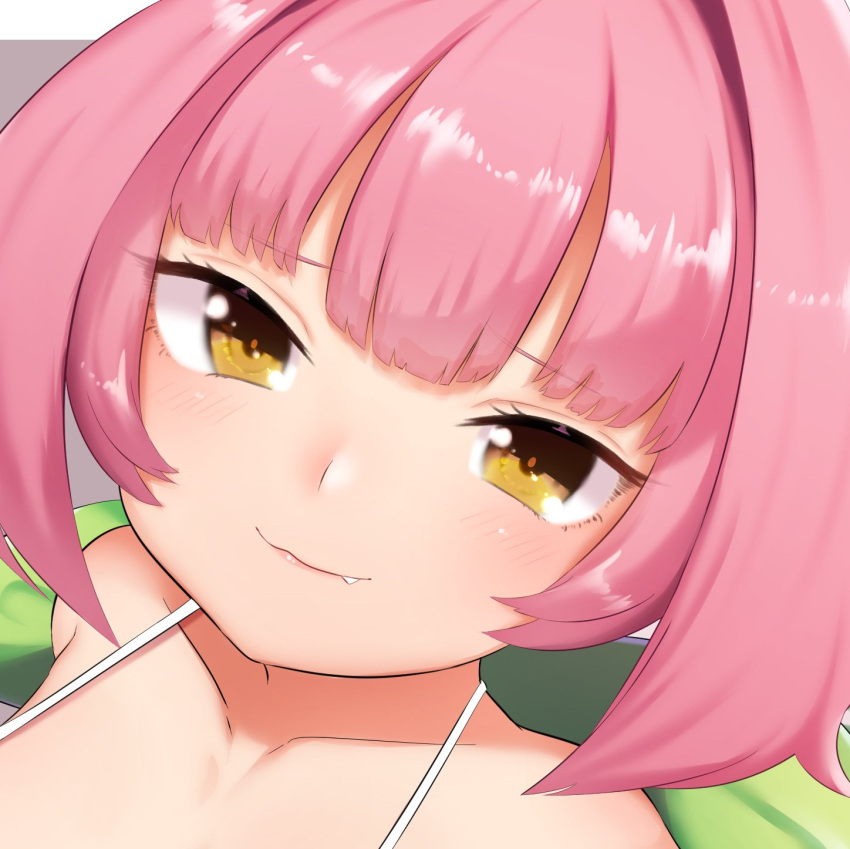 :3 azuchi_momo bikini blush close-up closed_mouth fang_out female highres looking_at_viewer medium_hair nijisanji oerba_yun_fang pink_hair portrait smile solo swimsuit utsusumi_kio virtual_youtuber white_bikini yellow_eyes