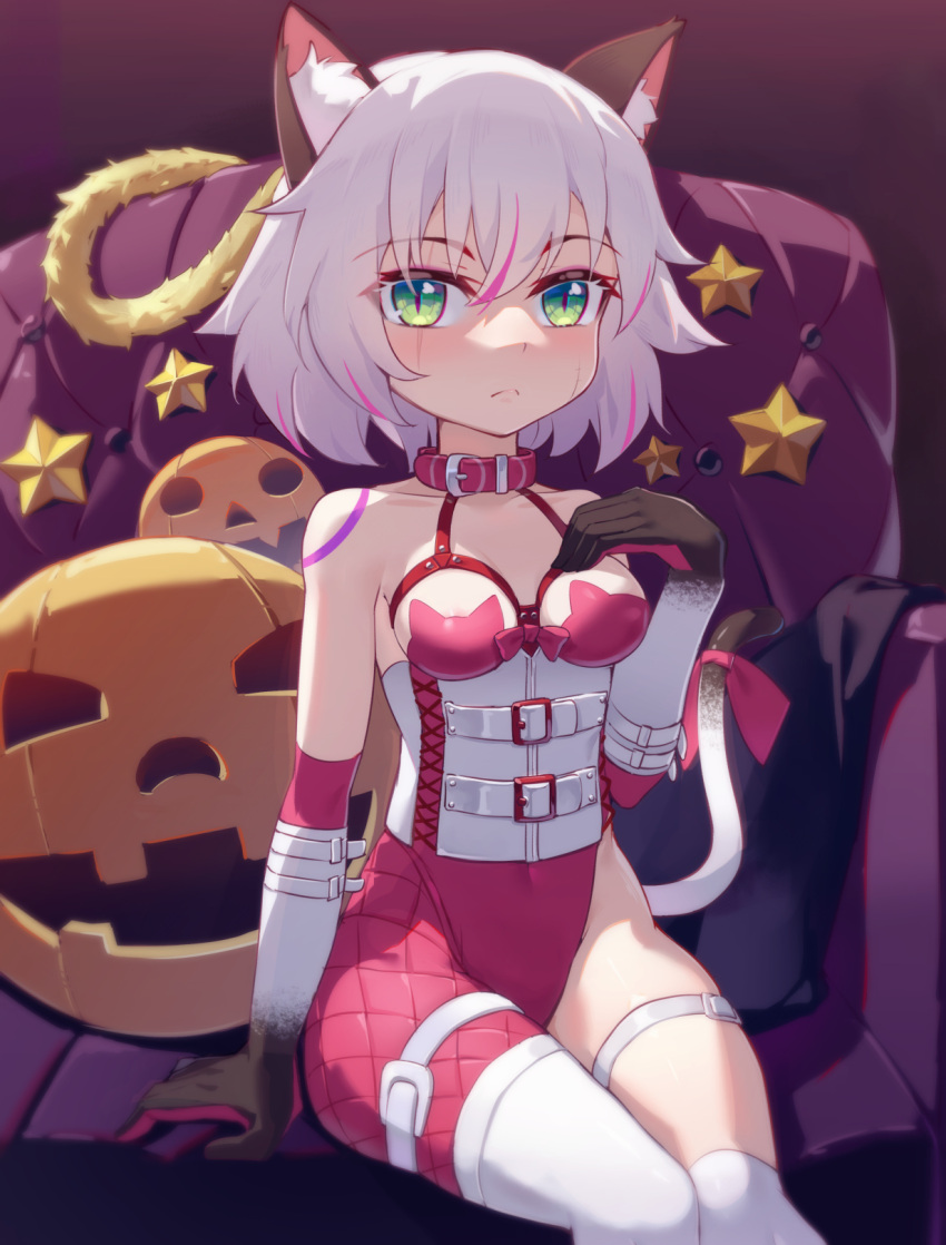 animal_ear_fluff animal_ears animal_print asymmetrical_clothes bare_shoulders breasts cat_ears cat_print cat_tail collar collarbone corset elbow_gloves fate/apocrypha fate/grand_order fate_(series) female gloves green_eyes hair_between_eyes halloween highres jack-o'-lantern jack_the_ripper_(fate/apocrypha) jack_the_ripper_(small_cat's_rondo)_(fate) layered_gloves ling_huanxiang looking_at_viewer pumpkin red_gloves red_legwear scar scar_across_eye scar_on_cheek scar_on_face short_hair single_pantsleg sitting small_breasts smile solo tail white_gloves white_hair