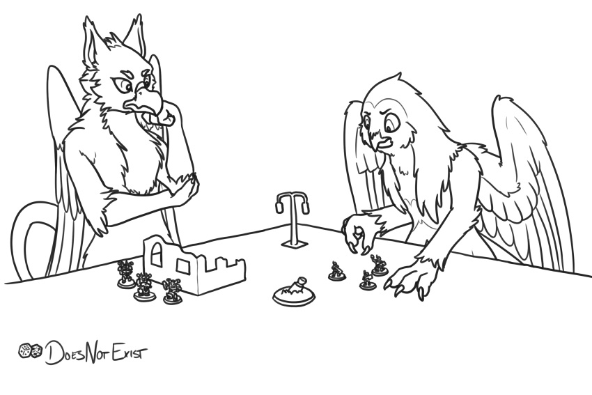 2023 3:2 allister_(xodious) anthro avian barn_owl bird black_and_white building claws doesnotexist duo feathered_wings feathers fur gale_leaftalon gryphon hi_res male miniature monochrome mythological_avian mythological_creature mythology owl street_lamp tabletop_game tyto tytonid warhammer_(franchise) wings