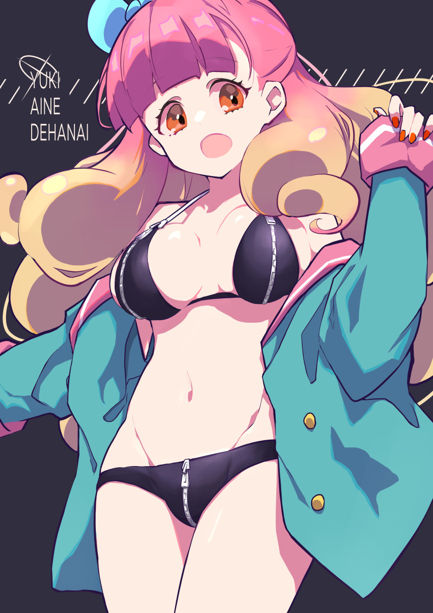 :o absurdres aikatsu!_(series) aikatsu_friends! aqua_jacket bad_id bad_pixiv_id bare_legs bikini black_background black_bikini blue_archive blue_bow blunt_bangs bow breasts cleavage collar commentary_request cosplay cowboy_shot drill_hair eimi_(blue_archive) eimi_(blue_archive)_(cosplay) female gradient_hair groin hair_over_shoulder hairbow halterneck highres jacket large_breasts long_hair lowleg lowleg_bikini matsunaga_akane multicolored_hair nail_polish navel off_shoulder open_clothes open_jacket open_mouth orange_eyes orange_hair orange_nails pink_collar pink_hair romaji_text school_uniform simple_background sleeves_past_wrists solo star_harmony_academy_school_uniform stomach swimsuit taiyaki29 translated voice_actor_connection yuki_aine zipper