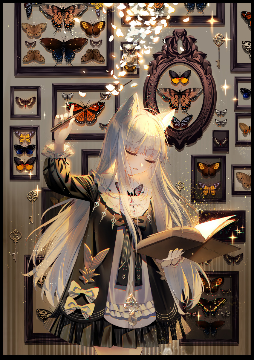 absurdres animal_ear_fluff animal_ears arm_up baocaizi black_border black_bow black_dress blunt_bangs book border bow bug butterfly cat_ears closed_eyes commentary_request cowboy_shot dress female framed_insect frilled_sleeves frills glowing highres holding holding_book key loaded_interior long_hair long_sleeves monarch_butterfly open_book original parted_lips petals photoshop_(medium) pointer solo swallowtail_butterfly too_many too_many_butterflies very_long_hair white_hair