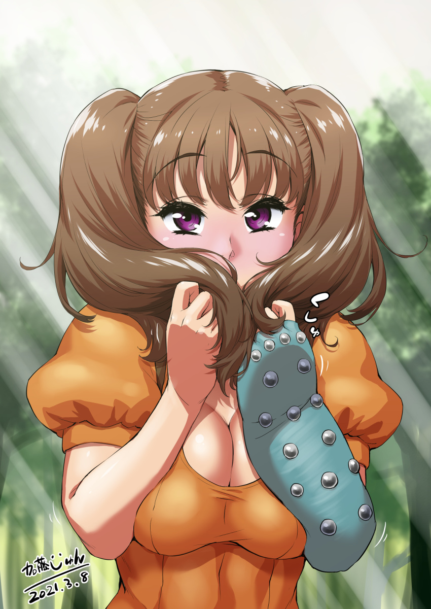 blue_gloves blurry blurry_background breasts brown_hair cleavage commentary_request covering_own_mouth dated diane_(nanatsu_no_taizai) elbow_gloves female fingerless_gloves gloves highres katou_jun light_rays long_hair looking_at_viewer nanatsu_no_taizai puffy_sleeves purple_eyes short_sleeves single_glove solo studded_gloves sunbeam sunlight translation_request twintails upper_body