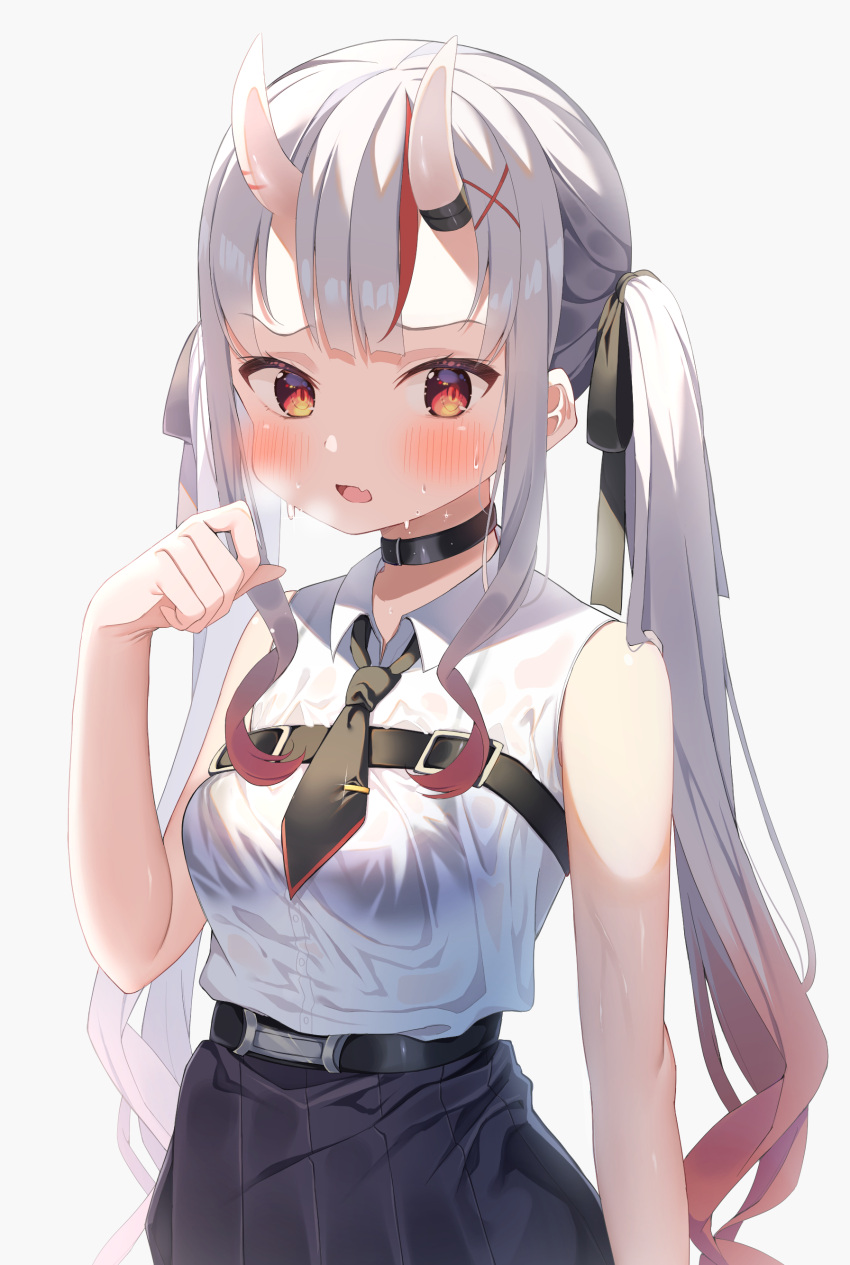 absurdres belt black_bra black_necktie blush bra bra_visible_through_clothes breasts breath choker collared_shirt female gradient_hair grey_hair highres hololive horns long_hair looking_at_viewer multicolored_hair nakiri_ayame nakiri_ayame_(streetwear) necktie oerba_yun_fang official_alternate_costume open_mouth orange_eyes pencil_skirt pinstripe_pattern pinstripe_skirt red_eyes red_hair see-through shirt shirt_tucked_in shokorate skin-covered_horns skirt sleeveless sleeveless_shirt small_breasts solo streaked_hair striped twintails underwear very_long_hair virtual_youtuber white_shirt