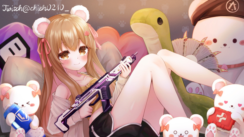 animal_ears animification apex_legends arms_dealer_loba assault_rifle battery bear_ears beret black_hat black_shorts blush brown_camisole brown_hair camisole chieh0210 collarbone colored_inner_hair commission fake_animal_ears female first_aid_kit flat_chest garra_de_alanza gun gym_shorts hair_ribbon hat heart heart-shaped_pillow highres holding holding_gun holding_weapon lightning_bolt_symbol loba_(apex_legends) long_hair multicolored_hair nessie_(respawn) paw_print pillow pink_hair pink_ribbon r-301_carbine real_life ribbon rifle shorts smile solo stuffed_animal stuffed_toy teddy_bear twitch.tv twitter_username very_long_hair weapon yang1413