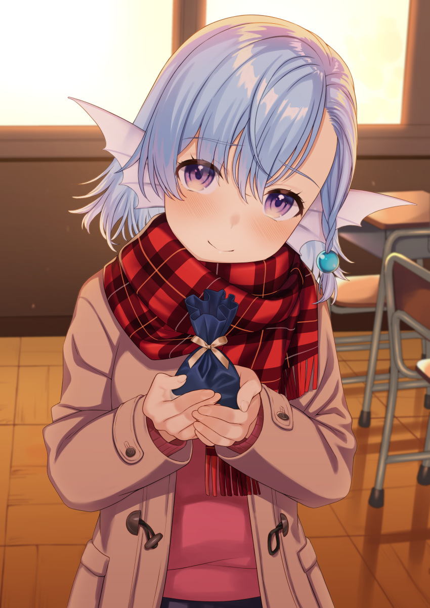 absurdres animal_ears blue_hair blush braid breasts brown_coat classroom closed_mouth coat commentary_request elliot_leucosia enjo_kouhai female fins fish_girl gift hair_between_eyes hair_ornament hands_up head_fins head_tilt heart highres holding holding_gift indoors long_sleeves looking_at_viewer plaid plaid_scarf red_scarf ribbon scarf short_hair smile solo takunomi valentine