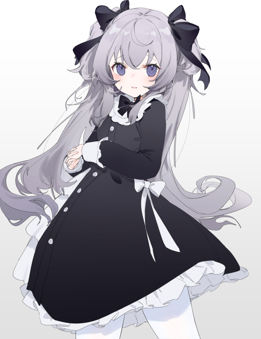 black_bow black_dress blush bow dress female frills grey_hair hair_between_eyes hair_ornament hairbow hands_up highres indie_virtual_youtuber long_hair long_sleeves looking_at_viewer mzgr3454 pantyhose parted_lips purple_eyes shanoa_(vtuber) simple_background solo standing two_side_up virtual_youtuber white_background white_bow white_pantyhose