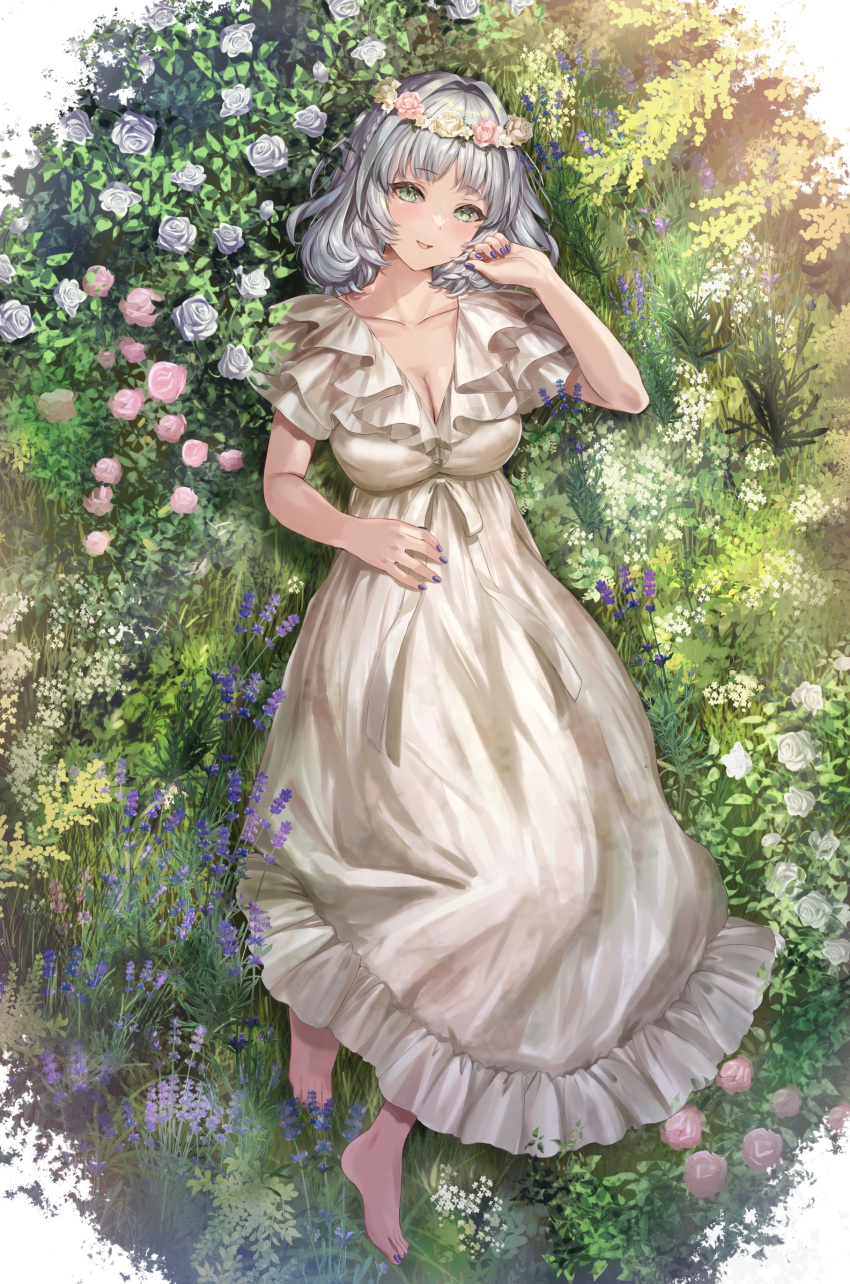 absurdres arm_up barefoot braid breasts cleavage collarbone commentary dress female flower frilled_dress frills from_above green_eyes grey_hair hair_flower hair_ornament head_wreath highres kamishiro_rita large_breasts light_blush long_dress lying medium_hair nail_polish nature on_grass open_mouth outdoors prism_project purple_nails rose sakamuke smile solo toenail_polish toenails v-neck virtual_youtuber white_dress