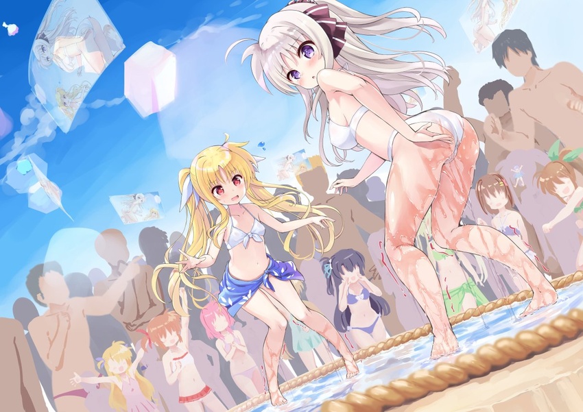 6+boys 6+girls ahoge arm_up arms_up ass barefoot bikini black_hair blonde_hair blue_bikini blue_sarong blush breasts brown_hair caro_ru_lushe character_request cloud faceless faceless_female faceless_male fate_testarossa fuka_reventon green_bikini green_sarong grey_hair hand_to_own_mouth hands_on_own_chest holographic_monitor leaning_forward legs long_hair looking_at_viewer lotion lyrical_nanoha mahou_shoujo_lyrical_nanoha mahou_shoujo_lyrical_nanoha_a's mahou_shoujo_lyrical_nanoha_strikers male_swimwear medium_breasts mini_person minigirl multiple_boys multiple_girls navel one-piece_swimsuit open_mouth outdoors outstretched_arms own_hands_together pink_bikini pink_hair pink_one-piece_swimsuit pink_skirt ponytail purple_bikini purple_eyes red_eyes reinforce_zwei ribbon rinne_berlinetta sarong short_hair shouting side_ponytail skirt sky small_breasts smile sumo swim_trunks swimsuit swimsuit_skirt takamachi_nanoha tenjou_ryuka thighs time_paradox trembling twintails two_side_up very_long_hair vivid_strike! vivio white_bikini white_one-piece_swimsuit yagami_hayate