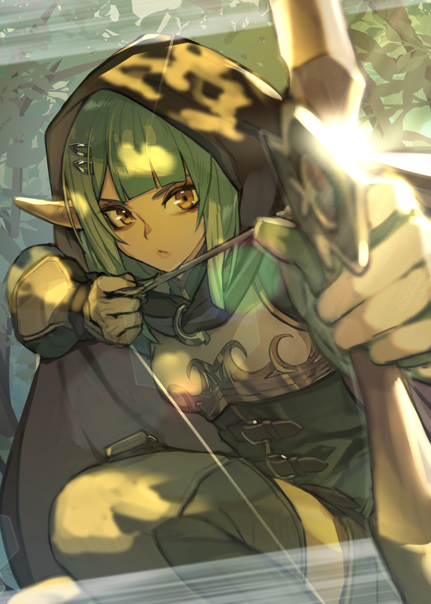 absurdres arrow_(projectile) blunt_bangs blurry blurry_foreground boots bow_(weapon) cloak commission female gloves green_hair hair_ornament hairclip hide_(hideout) highres hood hood_up hooded_cloak long_hair looking_at_viewer original pointy_ears skeb_commission solo thigh_boots weapon yellow_eyes