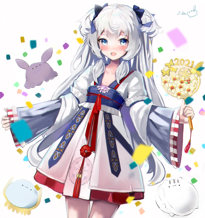 2021 absurdres black_bow bow chinese_clothes female grey_hair hairbow hanfu happy_new_year highres indie_virtual_youtuber new_year retorillo shanoa_(vtuber) two_side_up virtual_youtuber white_hair