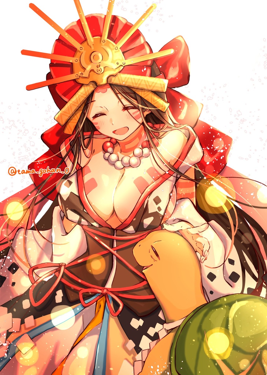 bead_necklace beads body_markings breasts brown_hair cleavage closed_eyes fate/grand_order fate_(series) female hair_between_eyes headdress highres himiko_(fate) himiko_(third_ascension)_(fate) jewelry large_breasts long_hair long_hair_between_eyes long_sleeves necklace simple_background smile solo turtle twitter_username yui_(tamagohan)