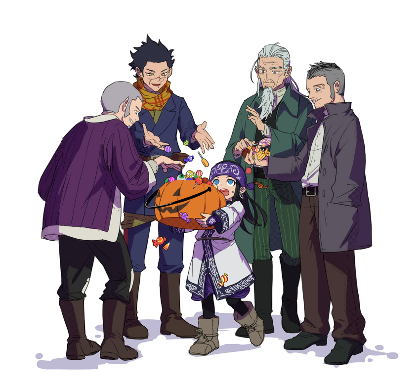 4boys :o ainu_clothes asirpa basket beard belt black_hair blue_eyes blue_pants boots brown_footwear brown_pants candy commentary earrings facial_hair female food golden_kamuy green_pants grey_hair hands_in_pockets hijikata_toshizou_(golden_kamuy) holding holding_candy holding_food holding_lollipop hoop_earrings hoparata jacket jewelry kadokura_(golden_kamuy) knee_boots lollipop long_hair multiple_boys old old_man pants protected_link purple_jacket scar scar_on_face scar_on_nose scarf shiraishi_yoshitake sideburns smile standing stubble sugimoto_saichi white_background wide_sleeves wrapped_candy yellow_eyes yellow_scarf