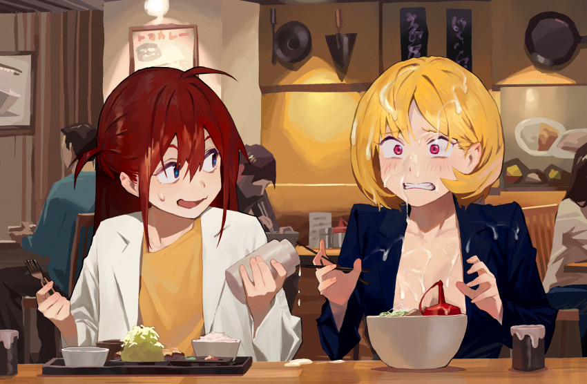 2girls blonde_hair blue_eyes double-parted_bangs food hair_between_eyes highres hipa_(some1else45) holding indoors jacket liquid long_hair long_sleeves multiple_girls office_lady open_mouth original red_hair restaurant sekoshi_(some1else45) shirt short_hair simulated_facial sitting some1else45 suggestive_fluid