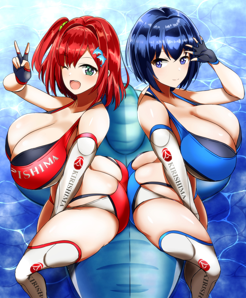 2girls absurdres ass-to-ass asymmetrical_gloves bikini blue_bikini blue_eyes blue_hair breasts dolphin_hair_ornament dolphin_wave fingerless_gloves gloves green_eyes green_scrunchie highres huge_breasts jet_ski looking_at_viewer multiple_girls one_eye_closed red_bikini red_hair rizza sakimiya_iruka scrunchie short_hair smile swimsuit tojou_michiru