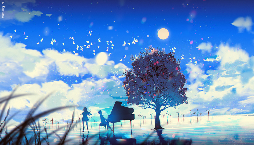 1boy arima_kousei artist_name bird black_hair blue_sky bow_(music) cloud commentary female flock grand_piano highres instrument kneehighs korean_commentary miyazono_kawori music outdoors piano piano_bench playing_instrument reinforced school_uniform shigatsu_wa_kimi_no_uso sitting skirt sky socks standing tree violin windmill