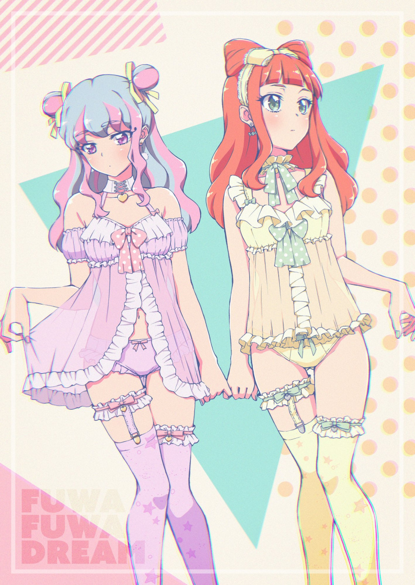 2girls aikatsu!_(series) aikatsu_stars! babydoll babydoll_lift bare_shoulders blue_hair blunt_bangs blush bow bow_panties candy_earrings choker closed_mouth collarbone commentary_request cone_hair_bun cowboy_shot detached_sleeves dot_mouth double_bun doughnut_hair_bun earrings eyelashes frilled_babydoll frilled_choker frilled_hairband frilled_panties frilled_straps frills garter_straps green_bow green_eyes green_nails green_ribbons group_name hair_bun hair_down hair_ribbon hairband hairbow hanazono_kirara heart heart_choker highres jewelry knees_together_feet_apart lingerie lips lipstick long_hair looking_away looking_down looking_to_the_side makeup moyashi_(m-planter) multicolored_background multicolored_hair multiple_girls nail_polish navel negligee orange_hair panties pigeon-toed pink_bow pink_hair pink_lips pink_nails pinky_swear polka_dot polka_dot_background polka_dot_bow polka_dot_ribbon pom_pom_(clothes) pom_pom_earrings purple_babydoll purple_legwear purple_panties ribbon ribbon_choker saotome_ako see-through shiny_skin sidelocks spaghetti_strap star_(symbol) star_print streaked_hair thigh_gap thigh_strap thighhighs underwear underwear_only yellow_bow yellow_hairband yellow_panties yellow_ribbon yuri