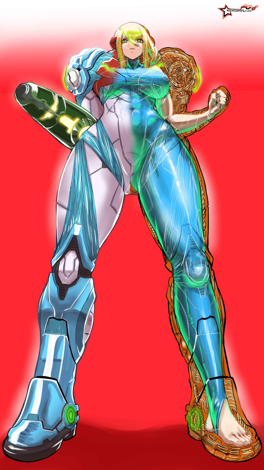 abs absurdres arm_cannon armor ass_visible_through_thighs assault_visor awesomeerix blonde_hair breasts clenched_hands commentary covered_abs covered_navel covered_nipples derivative_work english_commentary female full_body gradient_background green_eyes highres large_breasts metroid metroid_dread pauldrons power_suit power_suit_(metroid) red_background samus_aran serious shoulder_armor solo standing stirrup_legwear super_metroid thigh_gap toeless_legwear toenails toes weapon x-ray zero_suit