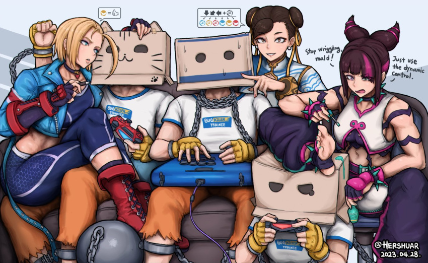 3boys 3girls ankle_cuffs ball_and_chain_restraint blonde_hair box_on_head brown_hair cammy_white chains chun-li command_input controller couch cropped_jacket diagonal_bangs double_bun english_text game_controller gameplay_mechanics hair_bun hair_horns hair_ribbon hershuar holding holding_marker juri_han marker multicolored_hair multiple_boys multiple_girls player_character_(street_fighter_6) playstation_controller ribbon sitting sitting_on_lap sitting_on_person streaked_hair street_fighter street_fighter_6 whiskers