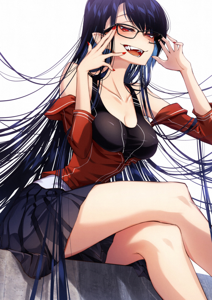 :d bare_shoulders blue_hair blush breasts channee_(cluseller) cleavage cluseller commentary_request crossed_legs fangs female glasses highres jacket long_hair looking_at_viewer open_mouth original pleated_skirt red_eyes red_nails sitting skirt smile solo teeth tsurime vampire very_long_hair