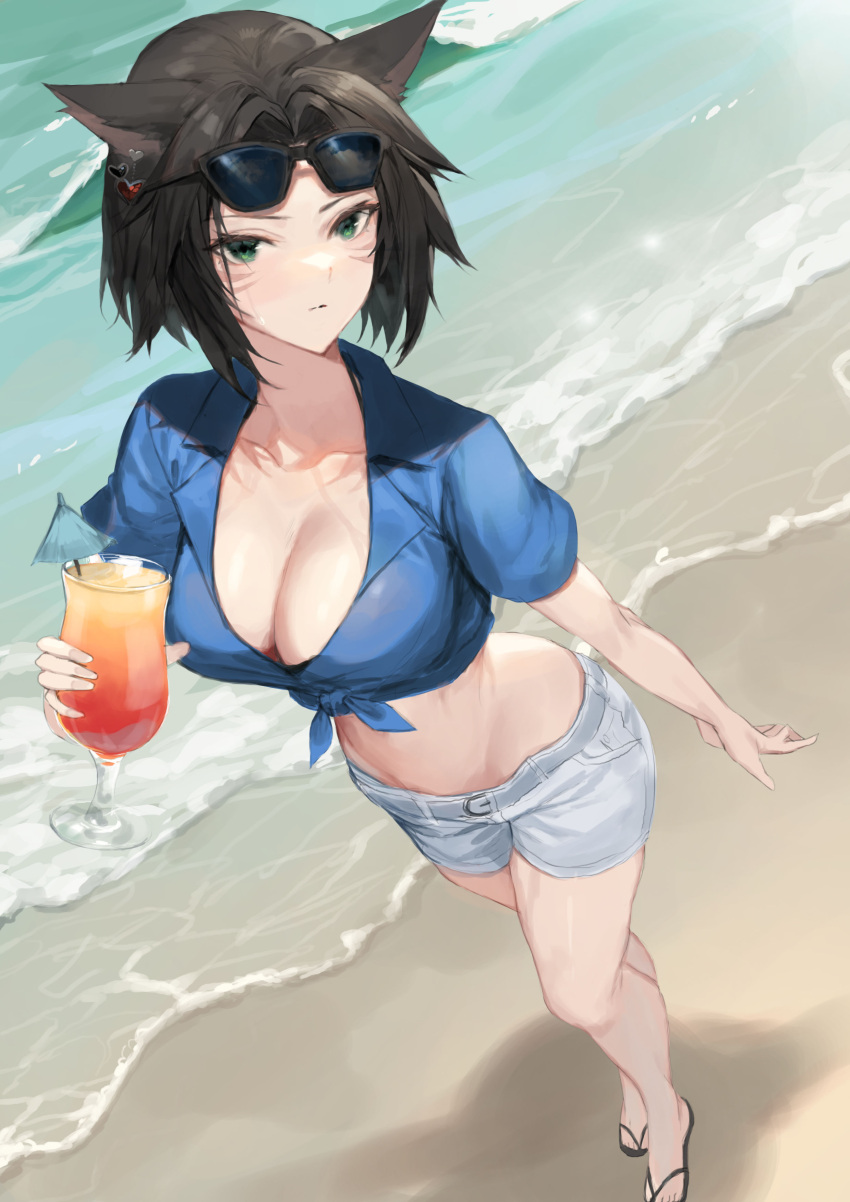 absurdres animal_ears bad_id bad_pixiv_id beach bikini bikini_under_clothes black_hair blue_shirt breasts cat_ears cleavage commission crop_top cup drinking_glass earrings eyewear_on_head facial_mark female final_fantasy final_fantasy_xiv front-tie_top green_eyes grey_shorts halterneck highres holding hurricane_glass jewelry large_breasts looking_at_viewer midriff miqo'te molyb navel outdoors sand shirt short_hair short_shorts short_sleeves shorts slippers solo standing stomach string_bikini sunglasses swimsuit thighs tropical_drink v-shaped_eyebrows warrior_of_light_(ff14) water wet whisker_markings