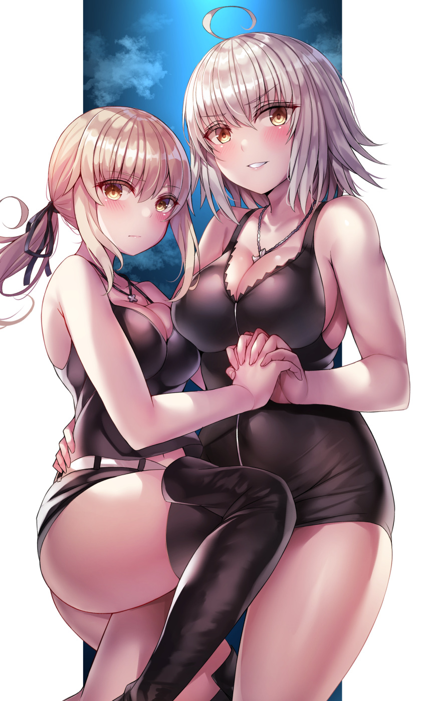 2girls absurdres ahoge artoria_pendragon_(fate) ass bare_arms bare_shoulders belt black_dress black_footwear black_legwear black_ribbon black_shirt black_shorts blonde_hair blush breasts cleavage closed_mouth collarbone commentary_request dress fate/grand_order fate_(series) feet_out_of_frame grey_hair grin hair_between_eyes hair_ribbon highres interlocked_fingers jeanne_d'arc_alter_(fate) jeanne_d'arc_alter_(ver._shinjuku_1999)_(fate) jewelry large_breasts long_hair looking_at_viewer low_ponytail medium_breasts medium_hair multiple_girls nano_(syoutamho) navel necklace official_alternate_costume parted_lips ponytail revision ribbon saber_alter saber_alter_(ver._shinjuku_1999)_(fate) shirt short_dress short_shorts shorts skirt sleeveless smile standing thighhighs white_belt yellow_eyes yuri