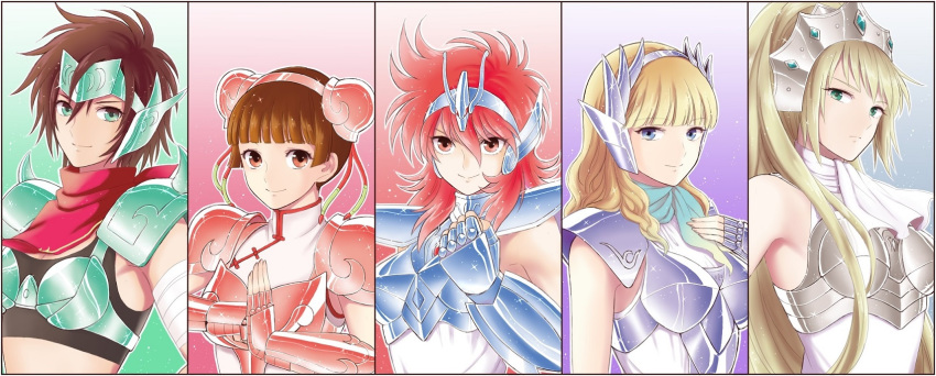 5girls armor bandana black_tank_top blonde_hair blue_eyes blue_neckwear blunt_bangs boobplate breastplate brown_eyes brown_hair cassiopeia_elda china_dress chinese_clothes clenched_hand commentary_request corona_borealis_katya delphinus_mii double_bun dress equuleus_shoko gauntlets gradient_background green_eyes hair_between_eyes hair_bun hairband headpiece highres lisa_(lisa_lisa_life) long_hair looking_at_viewer multiple_girls pauldrons red_bandana red_hair saint_seiya saint_seiya_saintia_sho scarf short_hair shoulder_armor sleeveless smile tank_top upper_body ursa_minor_ling_xiaoling very_long_hair white_dress white_scarf