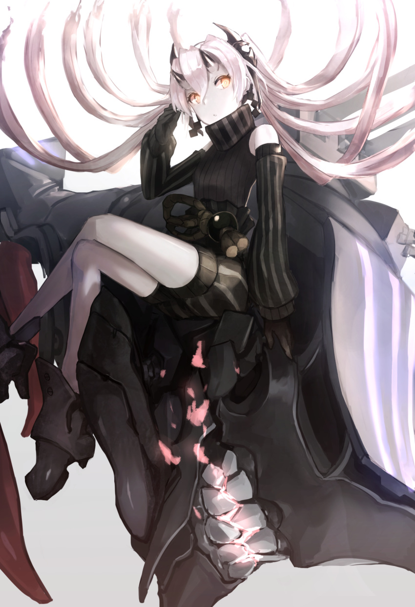 abyssal_crane_princess abyssal_ship bad_id bad_pixiv_id black_gloves colored_skin detached_sleeves earrings feet_out_of_frame female gloves glowing glowing_eyes hair_between_eyes highres horns japanese_clothes jewelry kantai_collection long_hair machinery red_eyes sitting solo twintails weasel_(close-to-the-edge) white_hair white_skin