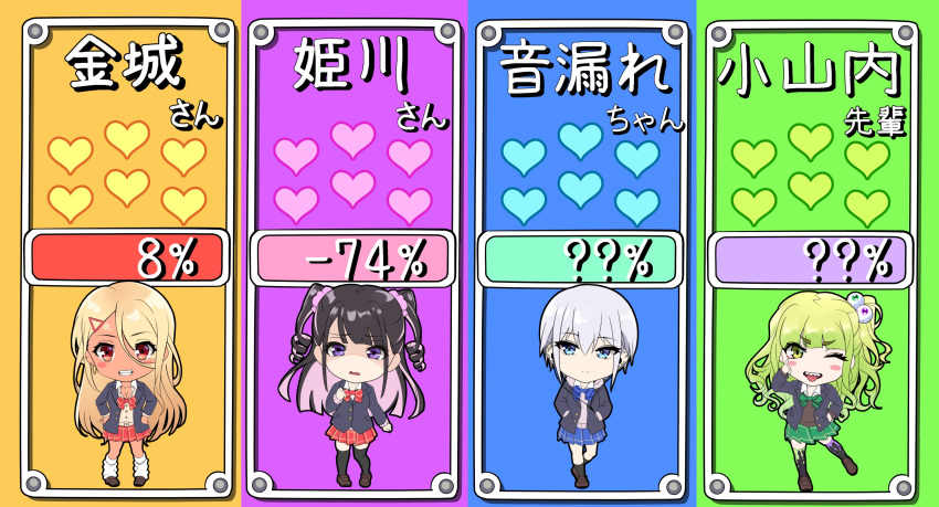 4girls ? ?? absurdres akanbe black_hair blazer blonde_hair blue_bow blue_eyes blue_neckwear blue_skirt blush_stickers bow bowtie breasts brown_eyes chibi cleavage commentary disgust drill_hair drill_sidelocks earbuds earphones earrings eyeball_hair_ornament eyelid_pull eyes_visible_through_hair green_eyes green_hair green_neckwear green_skirt grey_hair gyaru hair_ornament hairclip hands_on_own_hips heart highres himekawa_(shashaki) hood hood_down jacket jewelry kinjyou_(shashaki) kirby_(series) kirby_super_star kogal loafers long_hair long_sleeves looking_at_viewer loose_bowtie loose_socks multicolored_clothes multicolored_hair multicolored_legwear multiple_girls neck_ribbon one_eye_closed one_side_up open_mouth original osanai_(shashaki) otomore_(shashaki) parody purple_eyes purple_hair red_bow red_bowtie red_ribbon red_skirt ribbon scrunchie shaded_face sharp_teeth shashaki shoes short_hair sidelocks simple_background skirt smile socks tan teeth thighhighs tongue tongue_out translated two-tone_hair two_side_up