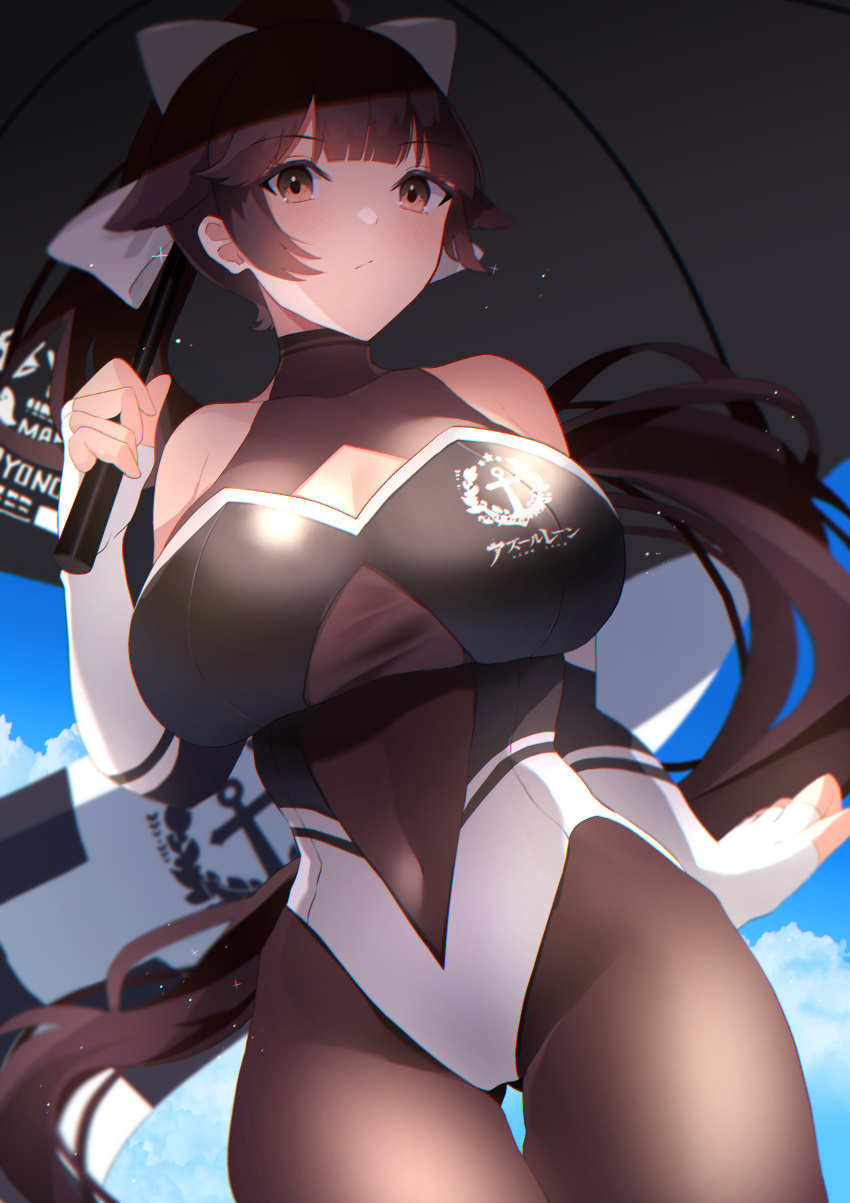 absurdres azur_lane bare_shoulders black_hair blue_sky blunt_bangs bodystocking bow breasts brown_eyes checkered_flag closed_mouth cloud commentary_request covered_navel female fingerless_gloves flag from_below gloves hair_flaps highres holding holding_umbrella large_breasts leotard multicolored_leotard official_alternate_costume outdoors pantyhose race_queen sky solo takao_(azur_lane) takao_(full_throttle_charmer)_(azur_lane) two-tone_leotard umbrella white_bow white_gloves yamaha_tsui