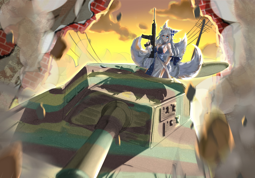 absurdres animal_ears assault_rifle azur_lane blue_eyes breasts brick_wall cloud commentary dress esscx female fox_ears fox_girl fox_tail gun highres long_hair m4_carbine military military_vehicle motor_vehicle multiple_tails rifle shinano_(azur_lane) sky smile smoke solo tail tank tiger_ii utility_pole weapon white_hair