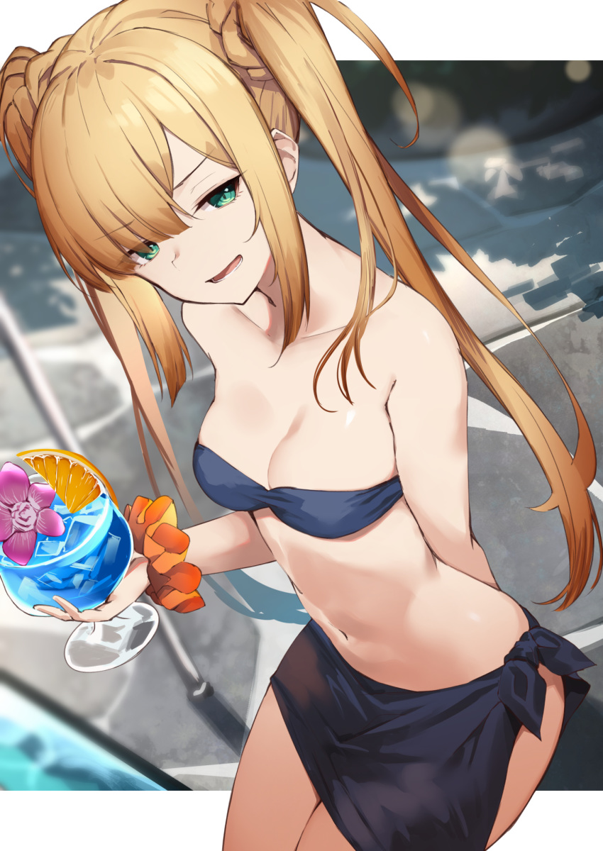 :d alternate_hairstyle amagasa_yun arm_behind_back bandeau bare_arms bare_shoulders bikini black_bikini blonde_hair blue_eyes blue_hawaii blurry breasts cleavage collarbone cowboy_shot cup depth_of_field drinking_glass fate/grand_order fate_(series) female flower highres holding hurricane_glass long_hair looking_at_viewer lord_el-melloi_ii_case_files medium_breasts navel open_mouth orange_scrunchie orchid purple_flower reines_el-melloi_archisorte sarong scrunchie sidelocks smile smug solo standing stomach strapless strapless_bikini swimsuit tropical_drink twintails very_long_hair wrist_scrunchie