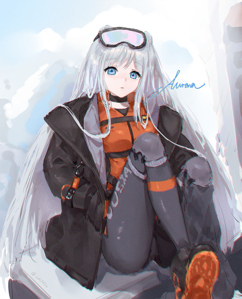 animal_ears ankle_boots arknights aurora_(arknights) aurora_(polar_catcher)_(arknights) bear_ears black_coat black_footwear blue_eyes bodysuit boots character_name chinese_commentary coat commentary_request female goggles goggles_on_head grey_hair hands_in_pockets highres ichita_(yixisama-shihaohaizhi) knee_pads knees_up long_hair official_alternate_costume open_clothes open_coat orange_bodysuit parted_lips sitting solo thighs very_long_hair