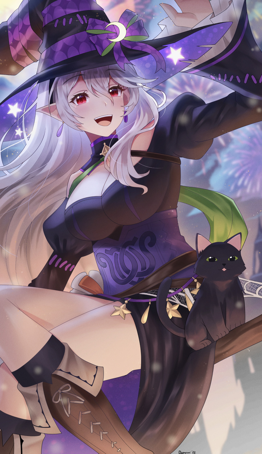 :d black_cat black_dress black_hat breasts broom cleavage corrin_(female)_(fire_emblem) corrin_(female)_(halloween)_(fire_emblem) corrin_(fire_emblem) doiparuni dress earrings feline female fire_emblem fire_emblem_fates fire_emblem_heroes grey_hair halloween halloween_costume hat highres jewelry large_breasts long_hair long_sleeves looking_at_viewer official_alternate_costume pointy_ears red_eyes smile solo very_long_hair witch witch_hat