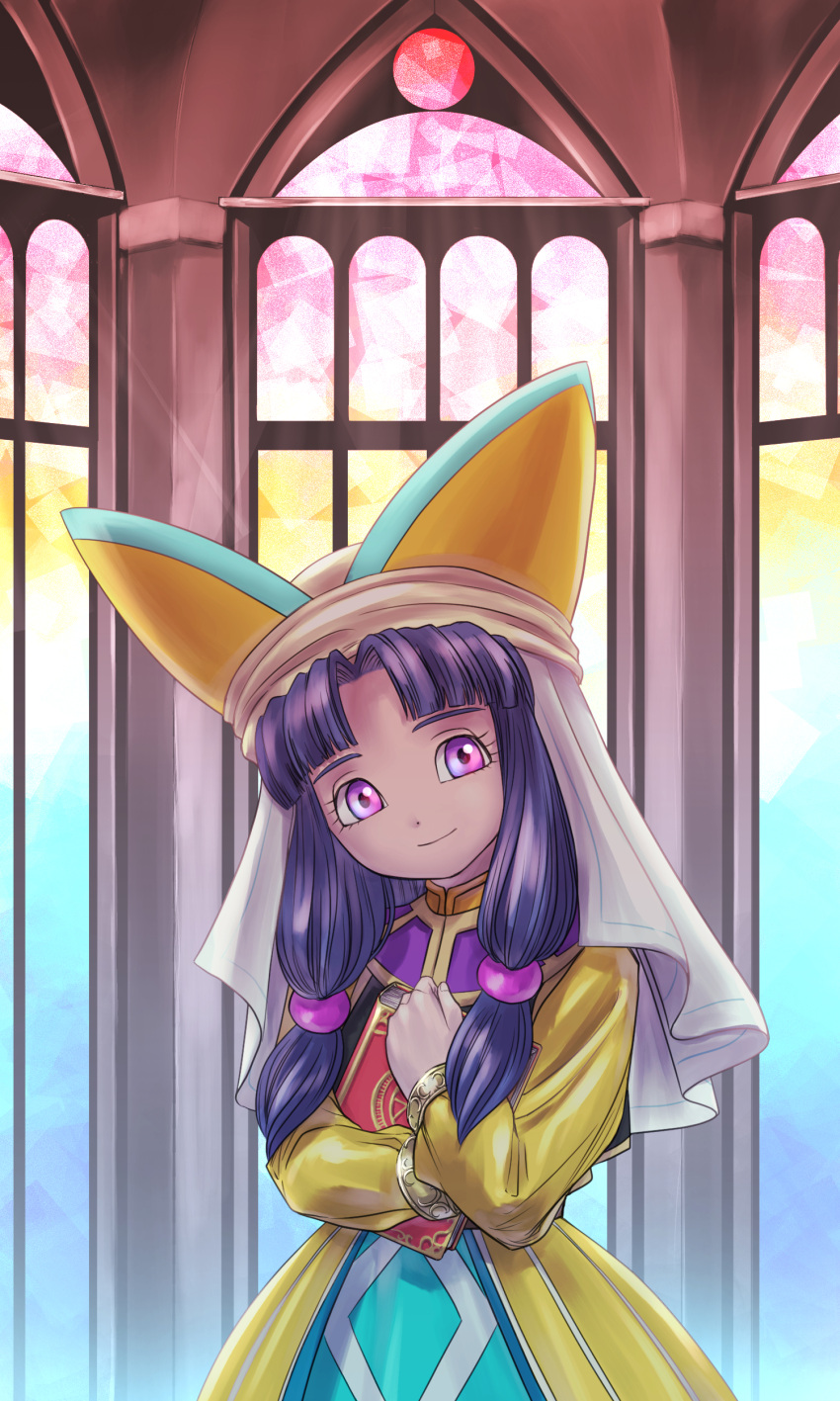 absurdres commentary_request dragon_quest dragon_quest_vii dress female fosse_(dq7) hair_bobbles hair_ornament hat head_tilt highres looking_at_viewer pekuchin_(pekuchin_3) purple_eyes purple_hair veil yellow_dress