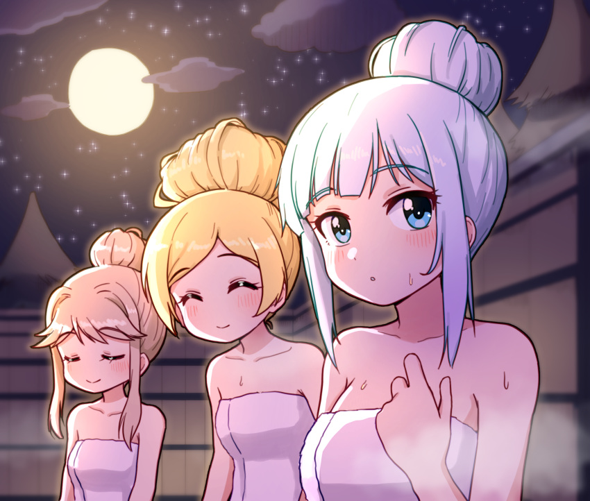 3girls alternate_hairstyle blonde_hair blue_eyes blush breasts brown_hair closed_eyes cloud emily_stewart full_moon hanasakuya_(idolmaster) highres idolmaster idolmaster_million_live! idolmaster_million_live!_theater_days long_hair medium_breasts moon moonlight multiple_girls naked_towel night night_sky shiraishi_tsumugi sky smile star_(sky) starry_sky sweatdrop takiki tenkubashi_tomoka tied_hair towel white_hair