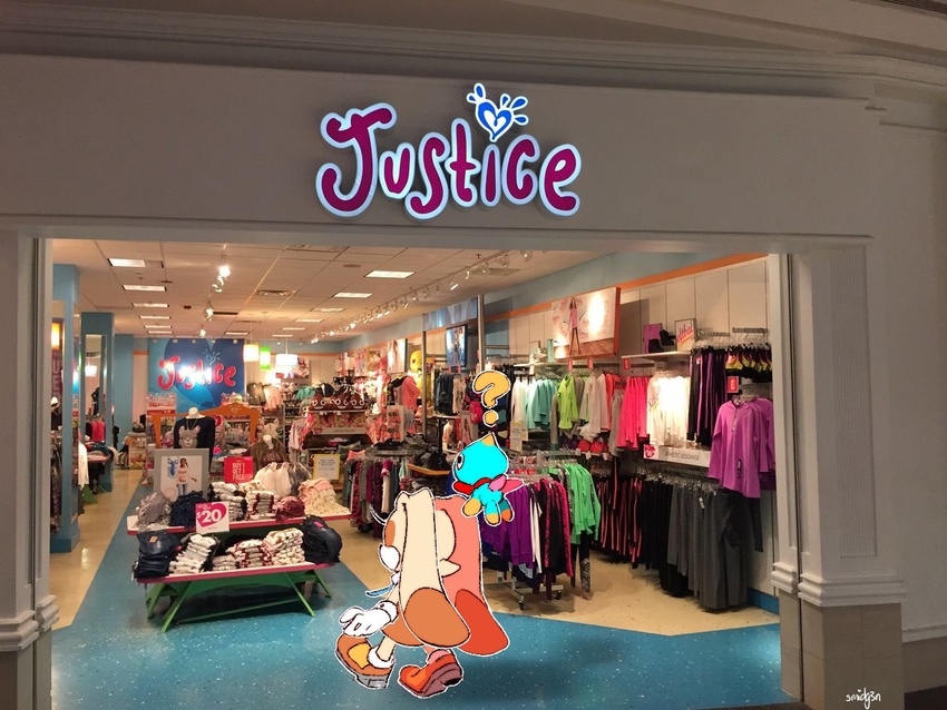 4:3 anthro chao_(sonic) cheese_the_chao clothing clothing_store cream_the_rabbit female justice_(store) lagomorph leporid mall mammal meme photo_background photography_(artwork) poop_emoji question_mark rabbit sega shopping smidg3n sonic_characters_walking_into_stores sonic_the_hedgehog_(series) store