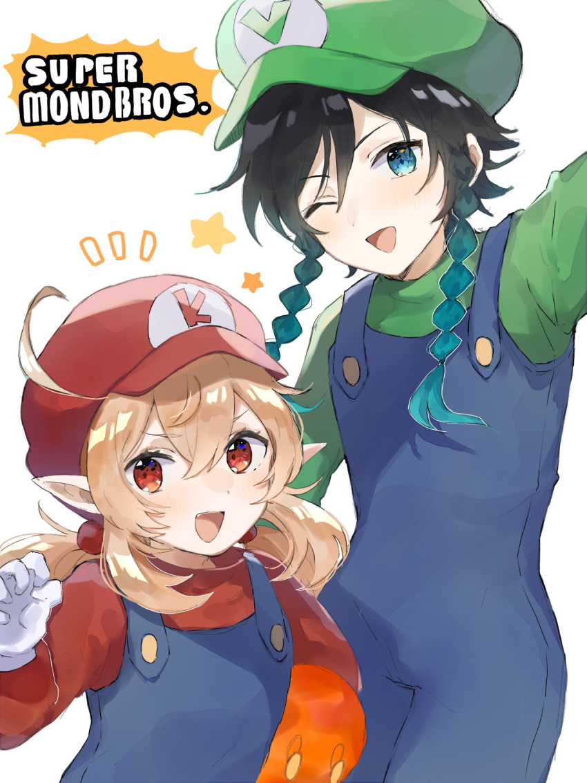 1boy ;d ahoge alternate_costume arm_up black_hair blonde_hair blue_eyes blue_hair braid cosplay female genshin_impact gloves green_headwear green_shirt hair_between_eyes hat highres jumpsuit klee_(genshin_impact) kuragegeso long_sleeves luigi luigi_(cosplay) mario mario_(cosplay) mario_(series) one_eye_closed open_mouth overalls pointy_ears red_eyes red_headwear red_shirt shirt side_braids sidelocks simple_background slime_(genshin_impact) smile suspenders trait_connection twintails venti_(genshin_impact) white_background white_gloves