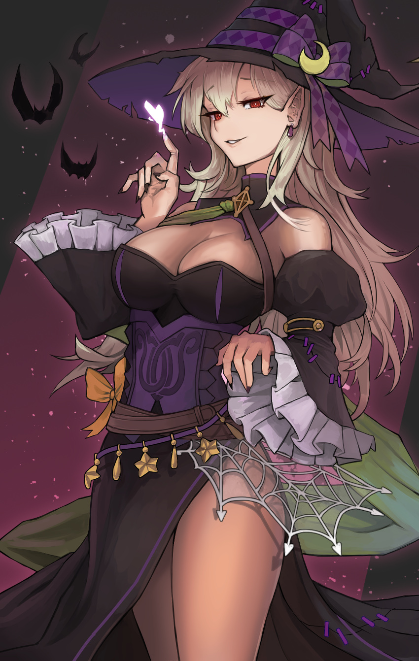 absurdres akalari bare_shoulders bat_(animal) belt black_dress black_hat black_nails black_sleeves bodice breasts brown_belt cleavage commentary corrin_(female)_(fire_emblem) corrin_(female)_(halloween)_(fire_emblem) corrin_(fire_emblem) crossed_belts detached_sleeves dress earrings english_commentary female fingernails fire_emblem fire_emblem_fates fire_emblem_heroes frilled_sleeves frills grey_hair hair_between_eyes half-closed_eyes halloween halloween_costume hat highres jewelry long_hair looking_at_viewer magic medium_breasts official_alternate_costume pointy_ears red_eyes side_slit smile solo spider_web_print star_(symbol) thighs wide_sleeves witch witch_hat